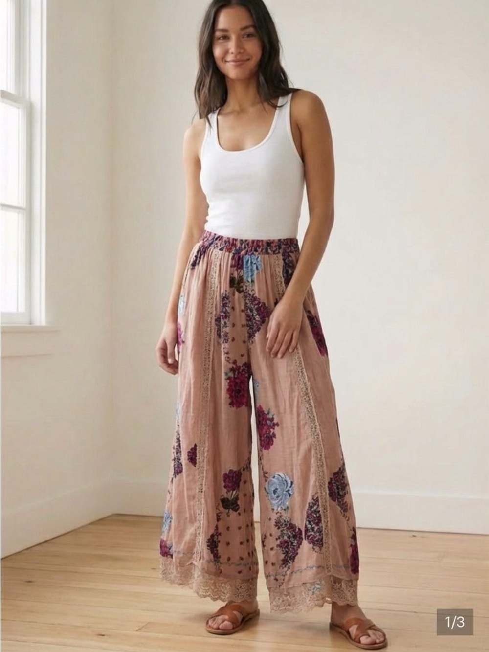 Free People Blush Pink Floral Wide-Leg Lace-Hem Pants